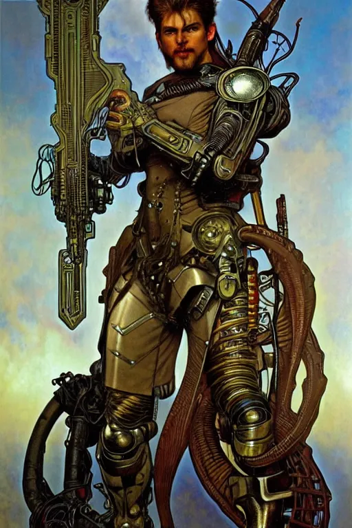 Prompt: realistic detailed american portrait with a pose of a handsome futuristic viking warrior in alien cyberpunk armor by alphonse mucha, ayami kojima, amano, greg hildebrandt, and mark brooks, male, masculine, art nouveau, cyberpunk, neo - gothic, gothic, character concept design