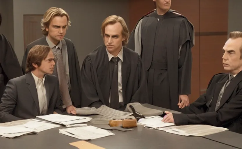 Image similar to anakin skywalker played by hayden christensen wearing jedi robes is talking to lawyers saul goodman played by bob odenkirk wearing a suit and kik wexler played by rhea seehorn in court, better call saul court scene 1 0 8 0 p, jimmy mcgill in court, court session images, realistic faces