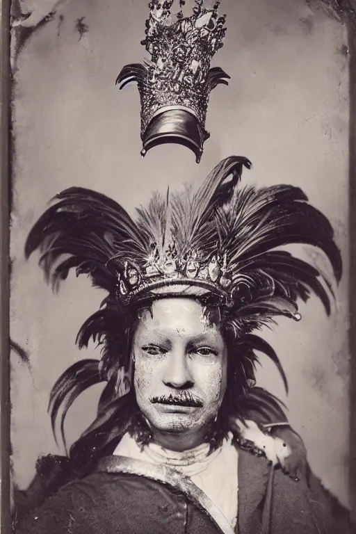 Image similar to a wet plate photo of an anthropomorphic rooster king, wearing a crown, wearing a robe