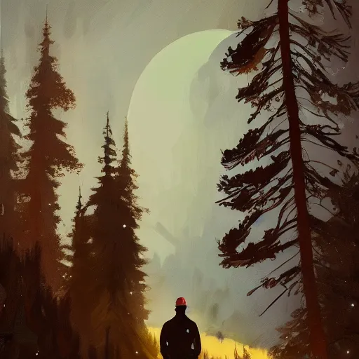 Image similar to park ranger with glowing red eyes and evil grin, by ismail inceoglu, detailed portrait, illuminated by moonlight, mountainous pine tree background, eerie, brushstrokes, 8 k