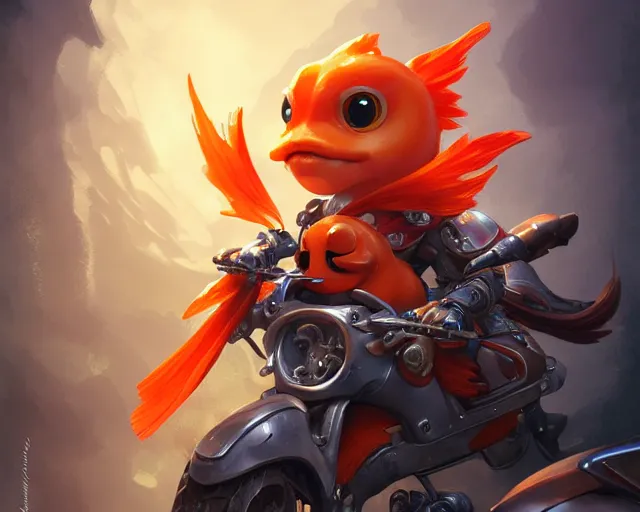 Prompt: a super cute anthropomorphic goldfish from final fantasy, sitting on a motorcycle, deep focus, d & d, fantasy, intricate, elegant, highly detailed, digital painting, artstation, concept art, matte, sharp focus, illustration, hearthstone, art by artgerm and greg rutkowski and alphonse mucha