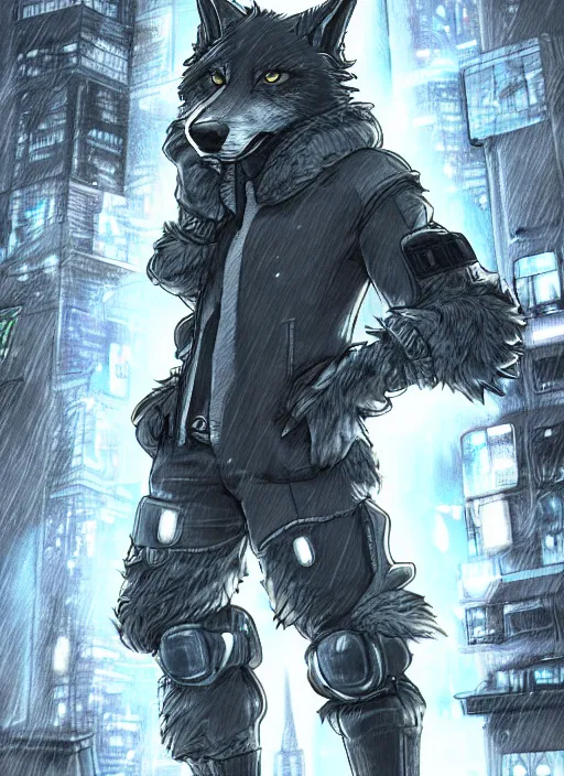 Image similar to character portrait of a male anthro wolf fursona with a tail and a cute beautiful attractive detailed furry face wearing stylish cyberpunk clothes in a cyberpunk city at night while it rains. hidari, color page, tankoban, 4K, tone mapping, Akihiko Yoshida. Nomax, Kenket, Rukis.