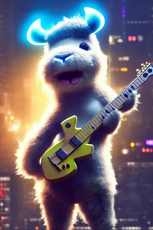 Image similar to high quality 3 d render very cute fluffy! cyborg cow plays guitar, cyberpunk highly detailed, unreal engine cinematic smooth, in the style of blade runner & detective pikachu, hannah yata charlie immer, moody light, low angle, uhd 8 k, sharp focus