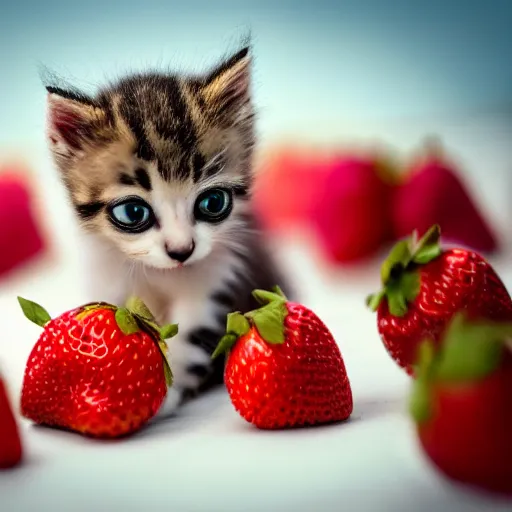 Prompt: macro shot photograph of an extremely tiny baby kitten on top of a giant strawberry