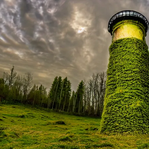 Prompt: photograph of a moss covered light house in the middle of a city on hills