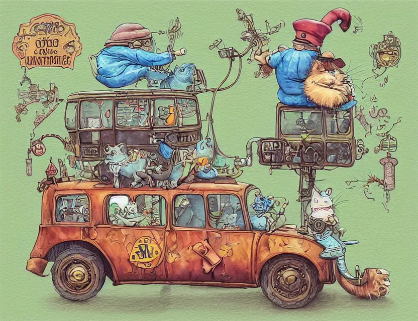 Image similar to cute and funny, a garden gnome driving a steampunk bus, a cat is on the roof holding on for dear life, ratfink style by ed roth, centered award winning watercolor pen illustration, isometric illustration by chihiro iwasaki, edited by range murata, tiny details by artgerm and watercolor girl, symmetrically isometrically centered, sharply focused