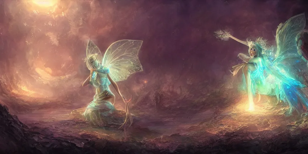 Image similar to concept art of translucent glowing fairies, lovecraftian, renaissance, melting, round moon, rich clouds, fighting the horrors of the unknown, very detailed, volumetric light, mist, fine art, decaying, textured oil over canvas, epic fantasy art, very colorful, ornate scales