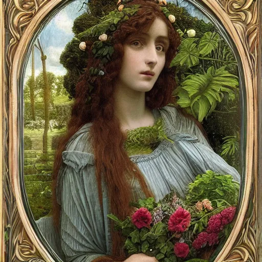 Image similar to Pre-Raphaelite goddess of nature in the style of John William Godward, close-up portrait, in focus, flowers and plants, moody, intricate, mystical