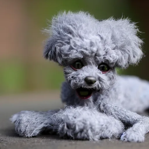 Prompt: slightly evil frail old gray hairless cute malnourished toy poodle with thin grey fluff on face