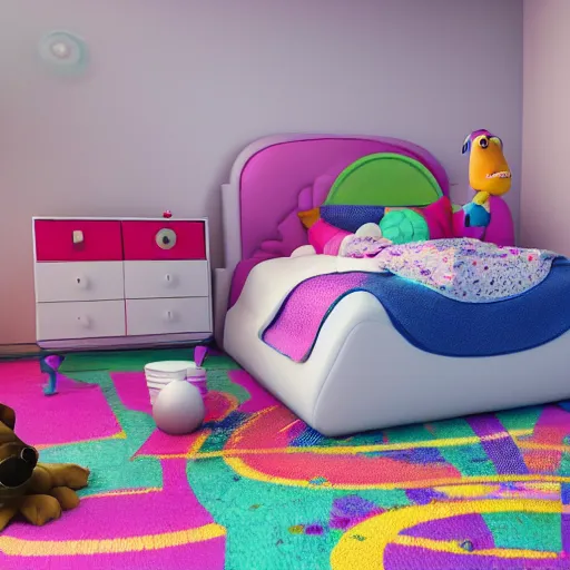 Prompt: eye - level view, in a child's bedroom filled with toys, a super cute gsd runs around in circles on an unmade bed with a toy story comforter, hilarious, funny, back to school comedy, cg animation, 3 d octane render, imax 7 0 mm,