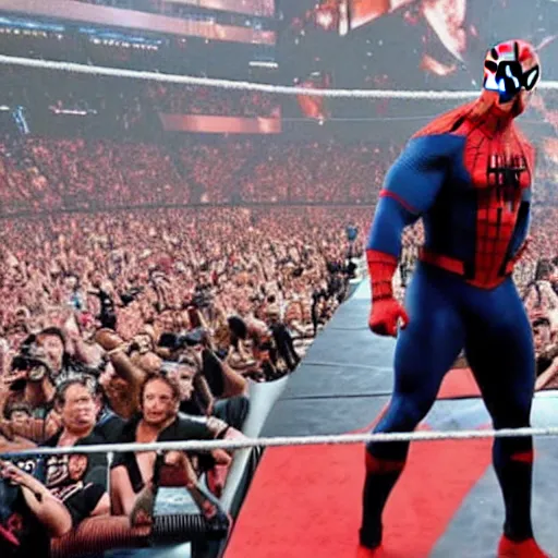 Image similar to dwayne johnson entering entrances of wwe as spiderman