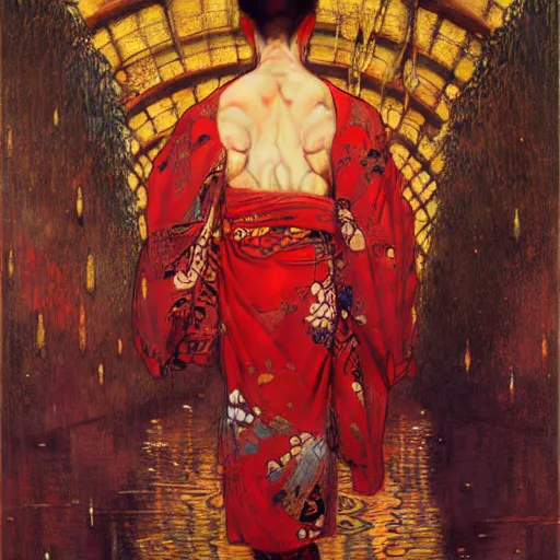 Image similar to a portrait of a male mutant in a red kimono in the sewers. furaffinity furry art detailed face painting by gaston bussiere craig mullins jc leyendecker gustav klimt artgerm greg rutkowski furry