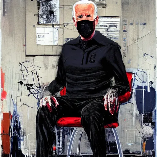 Image similar to Joe Biden full body portrait, Techwear, Cyberpunk, painting by Ralph Steadman, Francis Bacon, Hunter S Thompson