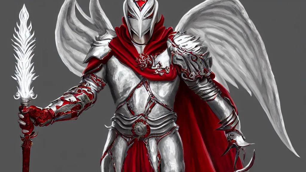 Image similar to male angel, flame sword, white metallic armor, red cape, detailed arms, intricate white armor, two arms, two legs, detailed fanart, rpg art, d&d art, macro art, digital art, DeviantArt, artstation, 8k HD