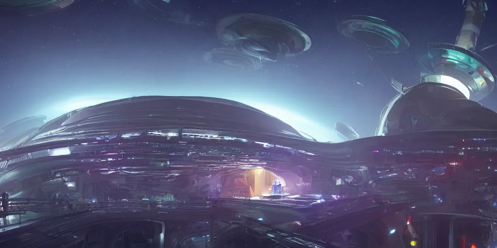 Image similar to a wide shot of a large distant hi-tech sci-fi spaceship from the outside, with a lot of bright color lights, bridges, turrets, pipes, orbiting a gas giant planet, beautiful, volumetric light, photography, color, intricate, extremely detailed, photorealistic, unreal engine 5
