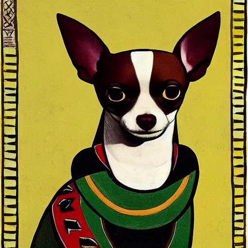 Image similar to portrait of a chihuahua as aztec emperor, aztec painting 1 3 0 0