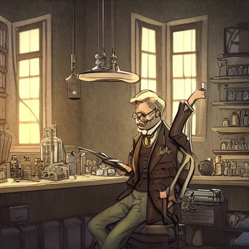 Prompt: muted colors, steampunk, comic book illustration, old victorian professor in his laboratory, detailed, cinematic lighting