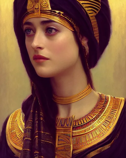 Image similar to Dakota Johnson as a beautiful egyptian princess, gorgeous, portrait, Symmetrical, powerful, intricate, beautiful, masterpiece, elegant, volumetric lighting, highly detailed, digital painting, hyper-realistic, artstation, sharp focus, no blur, illustration, William-Adolphe Bouguereau , ruan jia