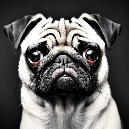 Image similar to portrait of a pug with an emo haircut with bangs, studio photo, album cover, well lit,