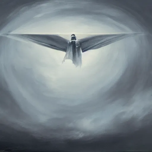 Prompt: ominous bedsheet ghost floating on the wing of a plane, oil painting, brush strokes, gloomy foggy atmosphere, symmetrical, full body image, highly ornate intricate details,