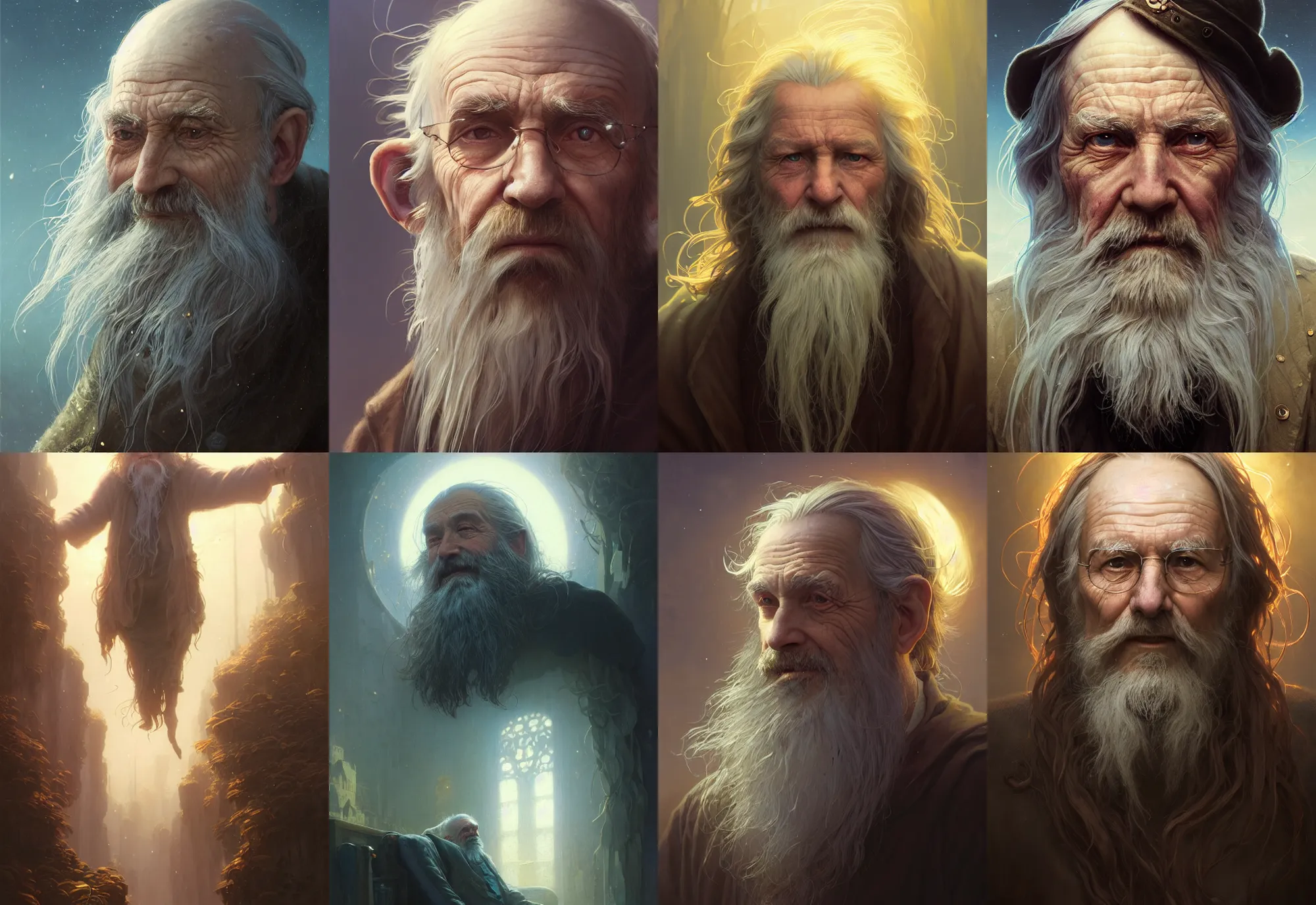 Image similar to highly detailed portrait of a very old man with long hairs, stephen bliss, unreal engine, fantasy art by greg rutkowski, loish, rhads, ferdinand knab, makoto shinkai and lois van baarle, ilya kuvshinov, rossdraws, tom bagshaw, alphonse mucha, global illumination, radiant light, detailed and intricate environment