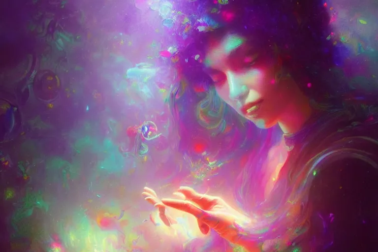 Prompt: a psychedelic realm hidden away in a pocket of ethereal knowledge | astral beings sharing love greg rutkowski wlop lisa frank bob ross | ruan jia | illustration