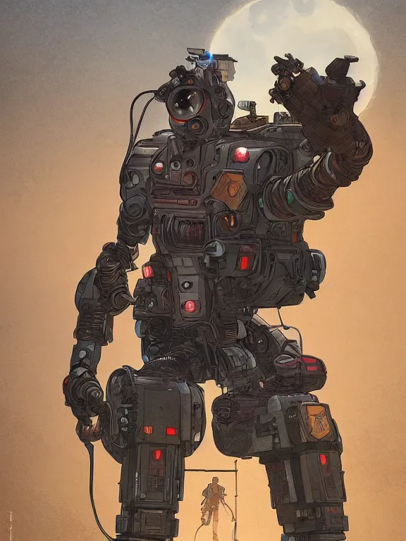 Prompt: solarpunk digital illustration pathfinder robot from apex legends, portrait by james gurney and laurie greasley, concept art, cinematic composition, hyper realism, photorealistic, dramatic lighting, highly detailed