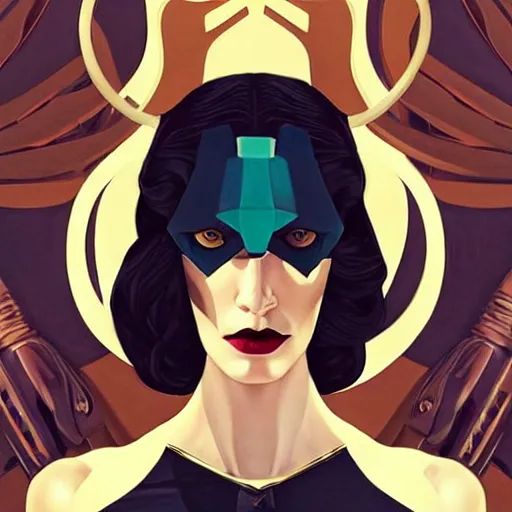 Image similar to Joshua Middleton artwork, wide shot, stunning elegant female Eva Green, futuristic spy, tribal mask, beautiful evil sneer, symmetrical face, symmetrical eyes, leather clothing and boots, long straight golden hair, full body, Indigo occult pattern