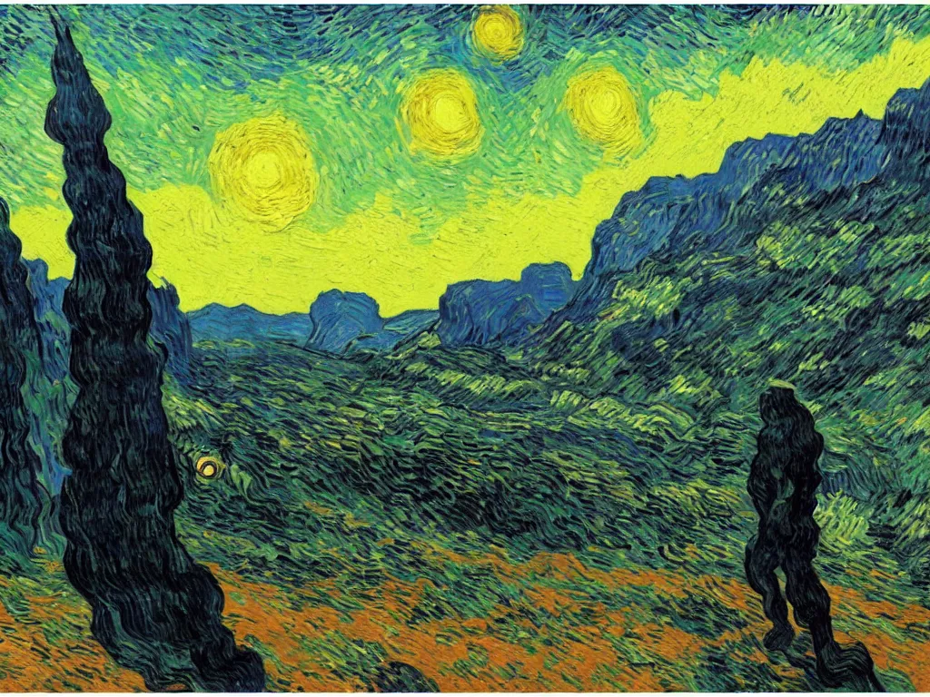 Prompt: bright beautiful oil painting of a valley with giant black monoliths and a dancing primitive ape at sunset, light scatter, van gogh