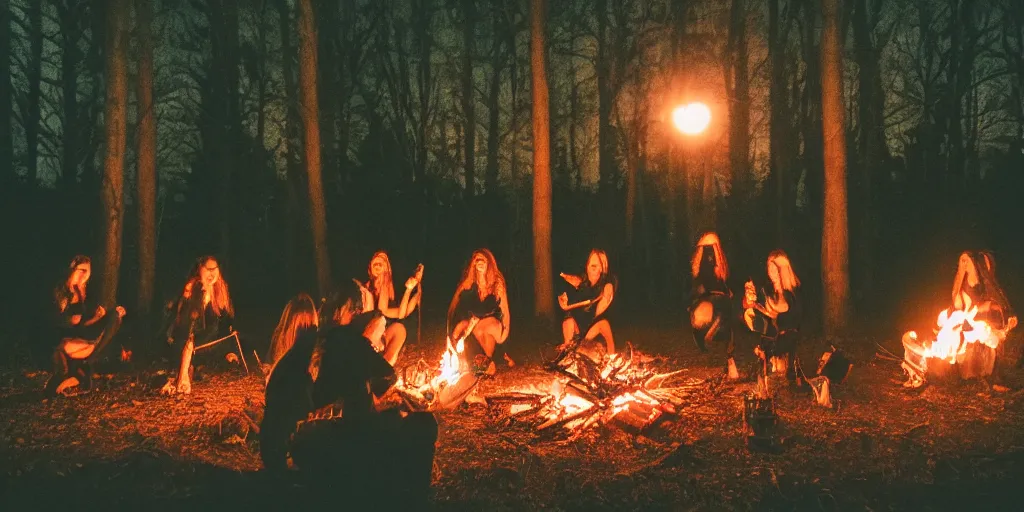 Prompt: witches preparing a ritual around a wildly lit campfire in an ominous forest at night, photography