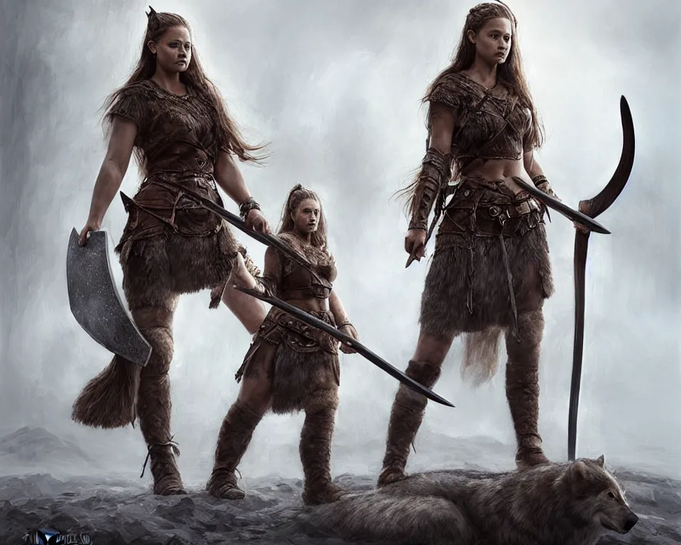 Image similar to gorgeous!! hyper - realistic woman resembling alicia vikander as a battle - worn viking warrior wielding a giant axe | standing next to a dire wolf | intricate, highly detailed, digital painting, character design, character concept art | drawn by wlop, drawn by jeehyung lee, drawn by artgerm, drawn by peter kemp