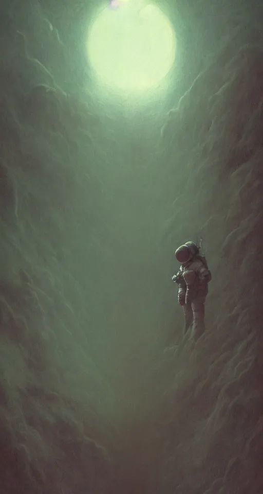 Image similar to Painting in a style of Beksinski featuring an astronaut, dramatic lighting, full face, very detailed, 8k, fog, portrait, movie scene, creepy