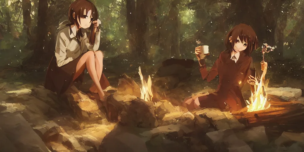 Image similar to An anime girl by WLOP with short black hair and green eyes in a tan trenchcoat sitting on a log and drinking tea by the campfire by her motorcycle at night under the stars, elegant scene, wide angle, cinematic lighting, atmospheric, ultrarealistic, trending on artstation, cgsociety, highly detailed, color graded, in the style of craig mullins, rendered in Unreal Engine 4k HQ, horizon forbidden west