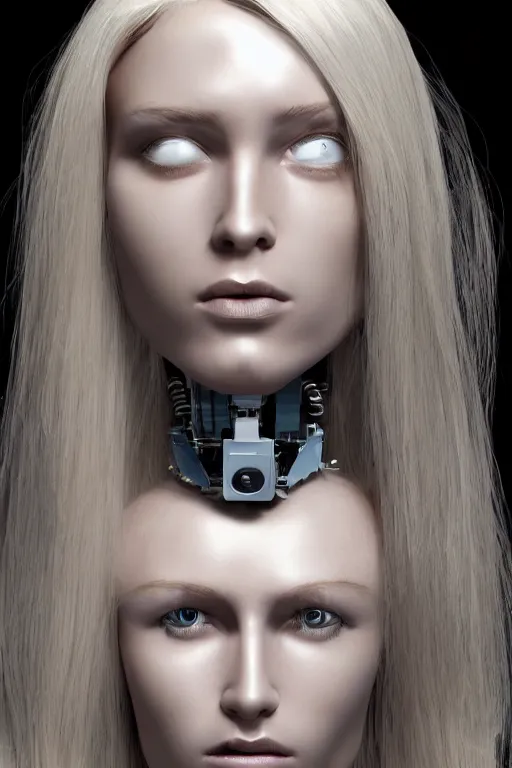 Image similar to robot with human face, female head, full body angle, woman human face, human face realistic, beautiful blonde hair, human head, human head with blonde hair, blonde hair human head, blonde hair, human realistic face, human head skin, cyborg frame concept, cyborg by ales-kotnik, sci-fi android female, the body is made of wires, robotic body, cyborg body, cyborg bust body, robot body cyborg, full body