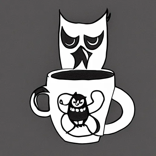 Image similar to black and white ink drawing of a man with an owl head holding a mug of coffee