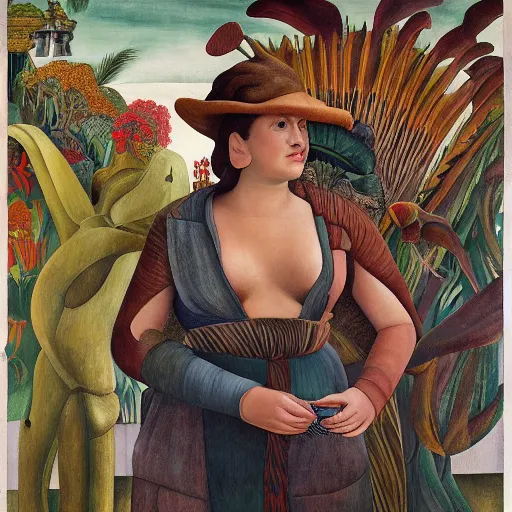 Image similar to high quality, high detail painting, renaissance, nan goldin, film noir, diego rivera, high garden scene with quetzalcoatl, hd, muted lighting