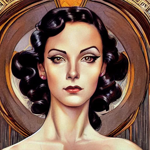 Image similar to a streamline moderne, art nouveau, multi - ethnic and multi - racial portrait in the style of charlie bowater, and in the style of donato giancola, and in the style of charles dulac. clear, expressive, very large eyes. symmetry, centered, ultrasharp focus, dramatic lighting, photorealistic digital painting. an elegant, intricately detailed background.