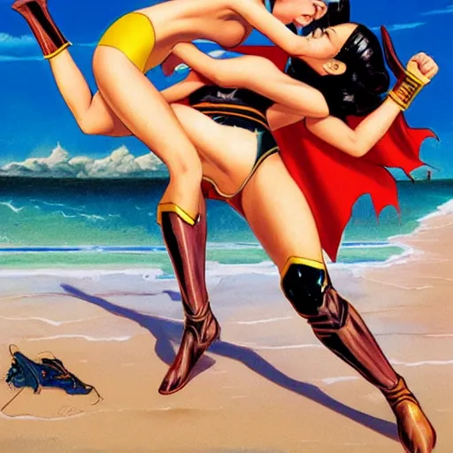 Image similar to padme and wonder woman wrestling at the beach, 8k photo, joe Jusko, artstation, Frank Frazetta