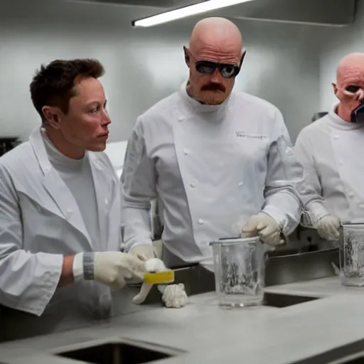 Image similar to elon musk and walter white cooking meth in a laboratory, amazing detail, detailed faces, sharp, 8k