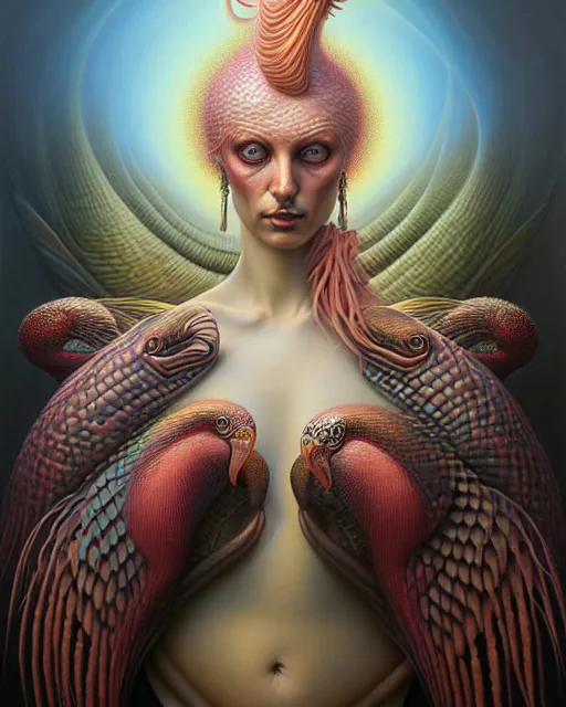 Image similar to a detailed portrait of dreampunk flamingo python hybrid mix goddess by tomasz alen kopera and peter mohrbacher