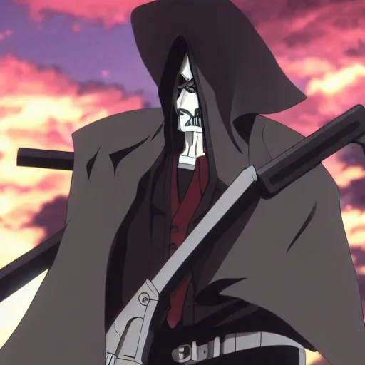 Image similar to a shot of a grim reaper as gunsliger man in trigun series, movie shot, anime, hightly detailed, rescalated 4 k, detailed