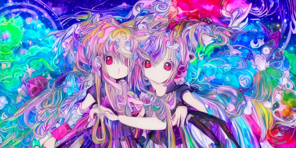 Image similar to Dreamy psychedelic anime, extremely colorful, geometric, Madoka witch labyrinth, patchwork, photoshop, HDR, 4k, 8k, abstract, two anime girls standing within two raging colorful vortexes, detailed and cute faces on the anime girls, very cute and childlike, hugging, smiles and colors, floating feelings, stars as pupils, extremely detailed anime eyes