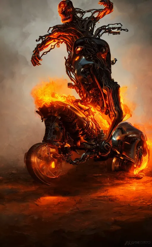 Image similar to dead as ghost rider, dynamic lighting, photorealistic fantasy concept art, trending on art station, stunning visuals, terrifying, creative, cinematic