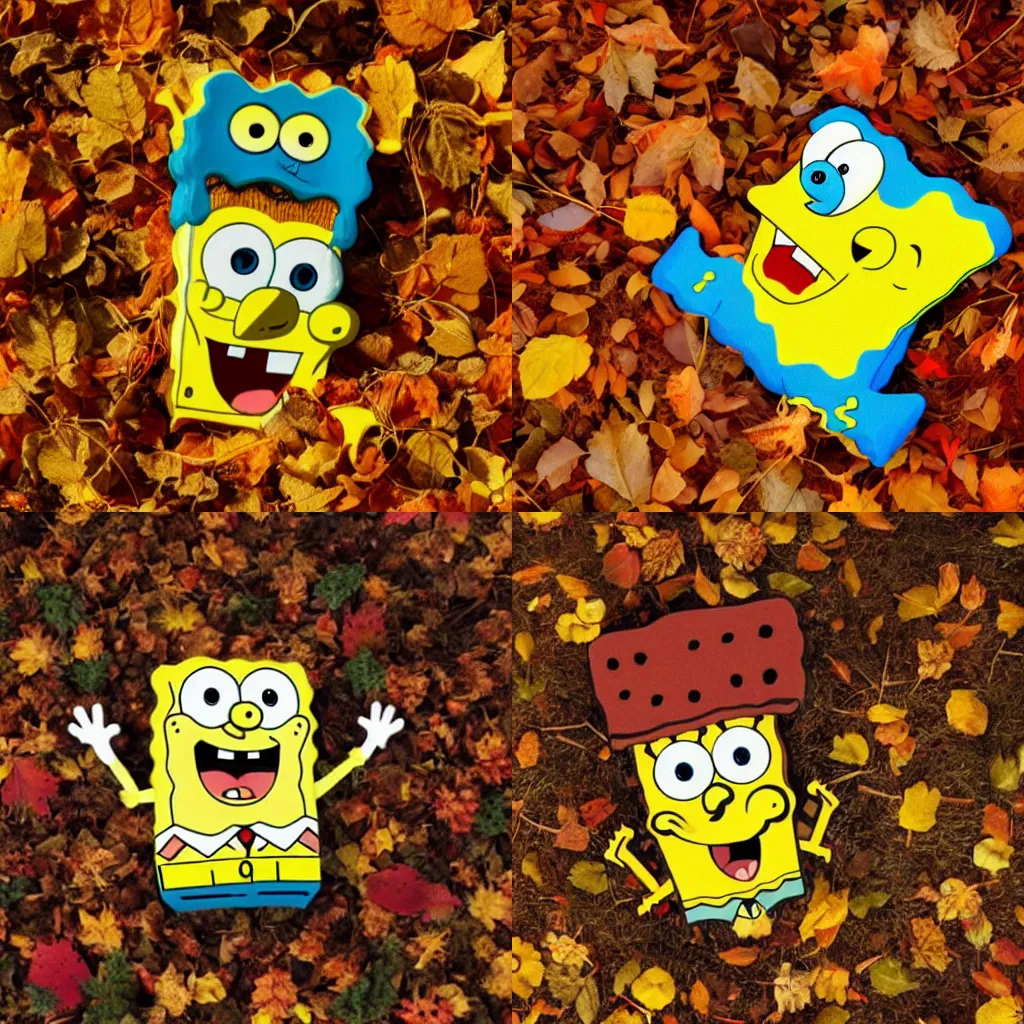 Prompt: Spongebob laying in a pile of autumn leaves