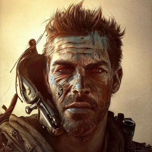 Prompt: portrait painting of a post apocalyptic man, ultra realistic, concept art, intricate details, eerie, highly detailed, fallout, mad max, wasteland, photorealistic, octane render, 8 k, unreal engine 5. art by artgerm and greg rutkowski and alphonse mucha