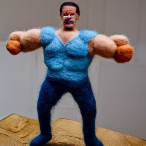 Image similar to a needle felted arnold schwarzenegger, needle felting art.