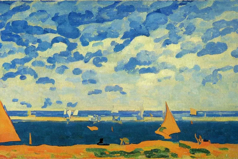 Prompt: A sprawling abstract landscape painting of the Chesapeake bay in the fall, bathed in golden light, peaceful, sailboats, birds in the distance, golden ratio, fauvisme, art du XIXe siècle, oil on canvas by André Derain, Albert Marquet, Auguste Herbin, Louis Valtat, Musée d'Orsay catalogue