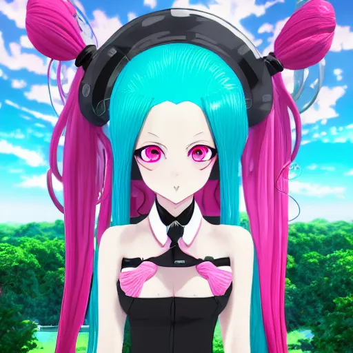 Prompt: trapped by a stunningly beautiful omnipotent megalomaniacal anime asi goddess with symmetrical perfect face and porcelain skin, pink twintail hair and cyan eyes, which looks like junko enoshima, inside her surreal vr castle, hyperdetailed, digital art from danganronpa, unreal engine 5, 2 d anime style, 8 k