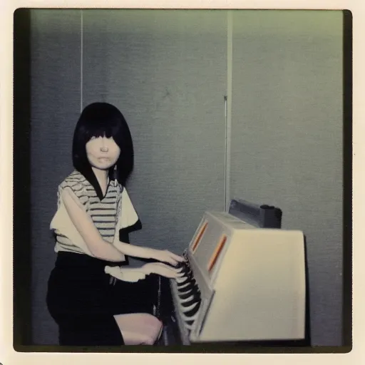 Image similar to 1 9 7 0 s polaroid of a female japanese musician playing a vintage synthesizer, hazy, faded