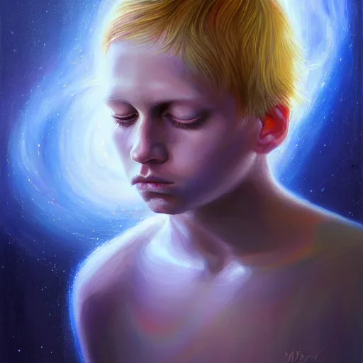 Image similar to visionary art by mandy jurgens, powerful eyes glowing highly detailed painting of deep sadness alone, young blonde boy spiritual portrait, fractal electricity surrounding him, expressive emotional sadness piece, trending on art station, abstract emotional sadness expression, very very very beautiful, fantasy digital art, visionary art, magical fantasy 2 d concept art, cosmic nebula